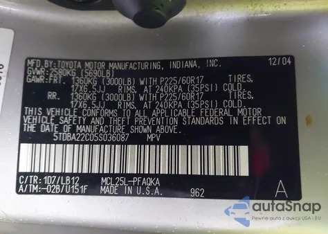 2005 Toyota Sienna Xle Limited из США, поврежденный, VIN 5TDBA22C05S036087